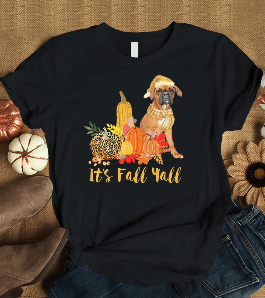 It's Fall Y'all Boxer Dog with Leopard Pattern Pumpkin and Autumn Leaves T-Shirt