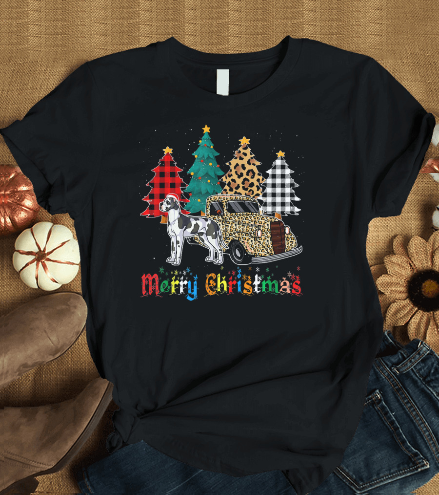 Merry Christmas Great Dane Leopard Plaid Truck and Trees T-Shirt