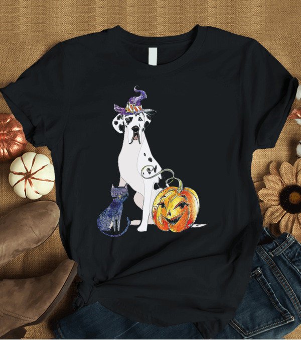 T-Shirt: Great Dane Dog Halloween Witch Hat and Jack-O'-Lantern with Cat T-Shirt Great Dane Dog Halloween Witch Hat and Jack-O'-Lantern with Cat T-Shirt