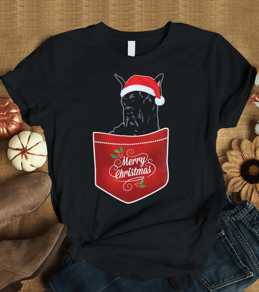 Merry Christmas Great Dane with Santa Hat in Pocket T-Shirt