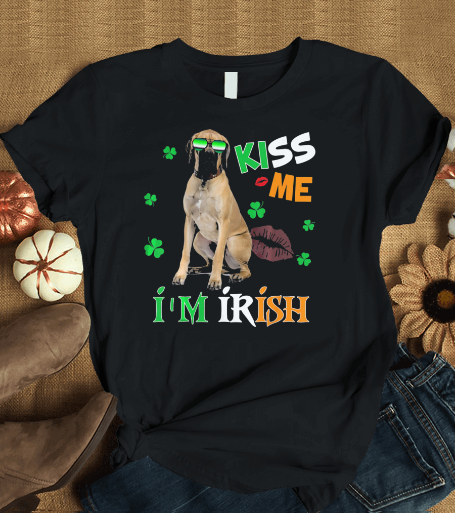 Kiss Me I'm Irish Great Dane Shamrock Sunglasses Lips T-Shirt