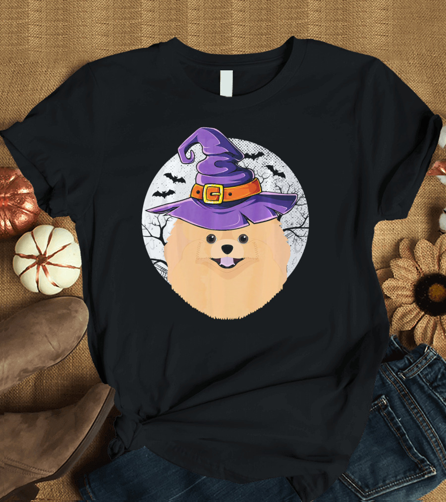 Halloween Witch Pomeranian Dog Head with Purple Hat and Moon Background T-Shirt