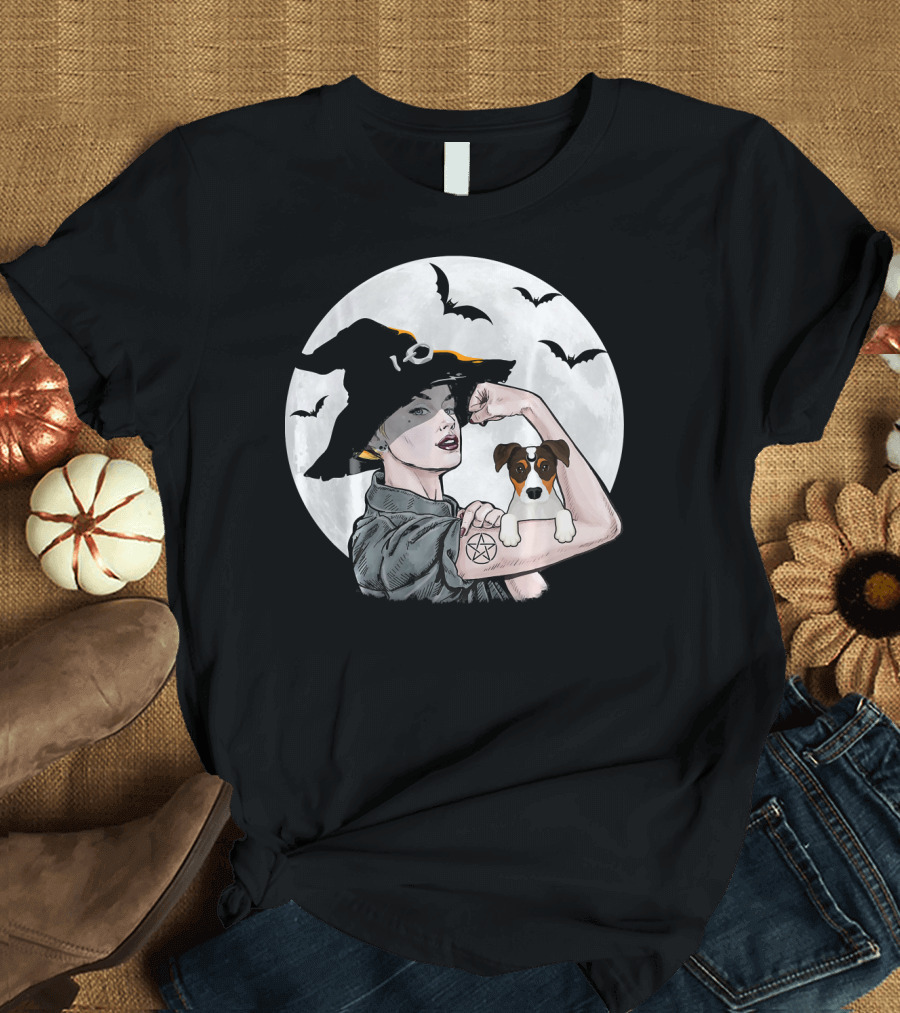 Jack Russell Terrier Dog Mom Witch Flexing with Moon and Bats T-Shirt