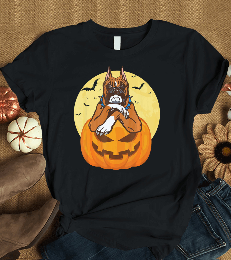 Boxer Dog in Pumpkin with Bats Halloween Funny Dog T-Shirt