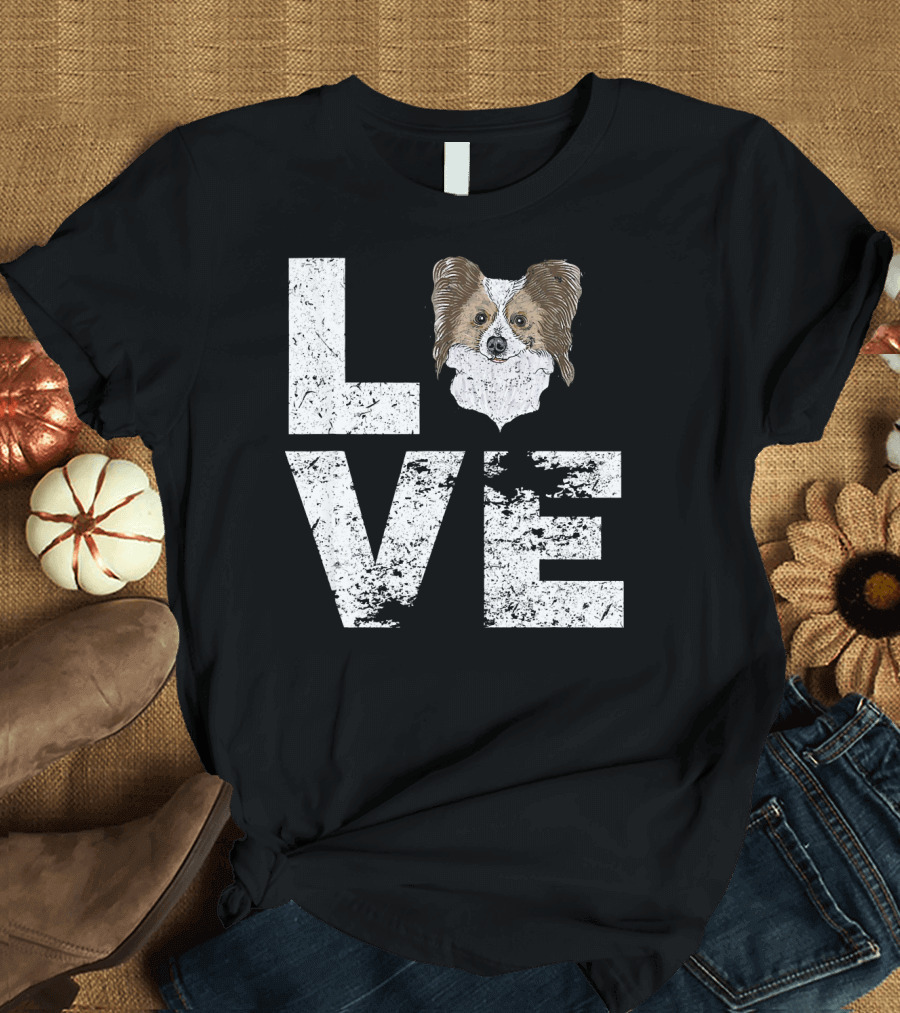 LOVE Papillon Dog Head Typography T-Shirt