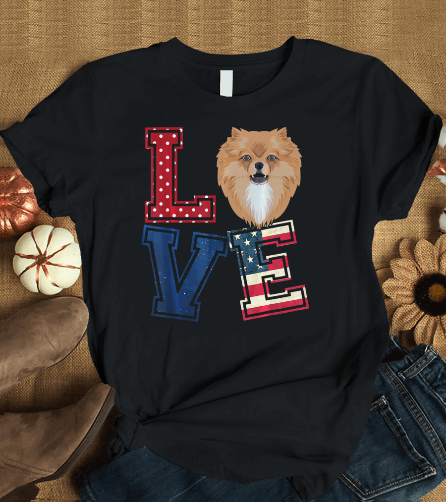 LOVE Pomeranian American Flag Patriotism T-Shirt