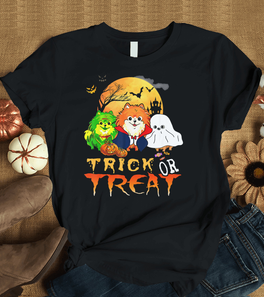 Trick Or Treat Halloween Pomeranian in Costume with Pumpkins and Haunted Castle T-Shirt