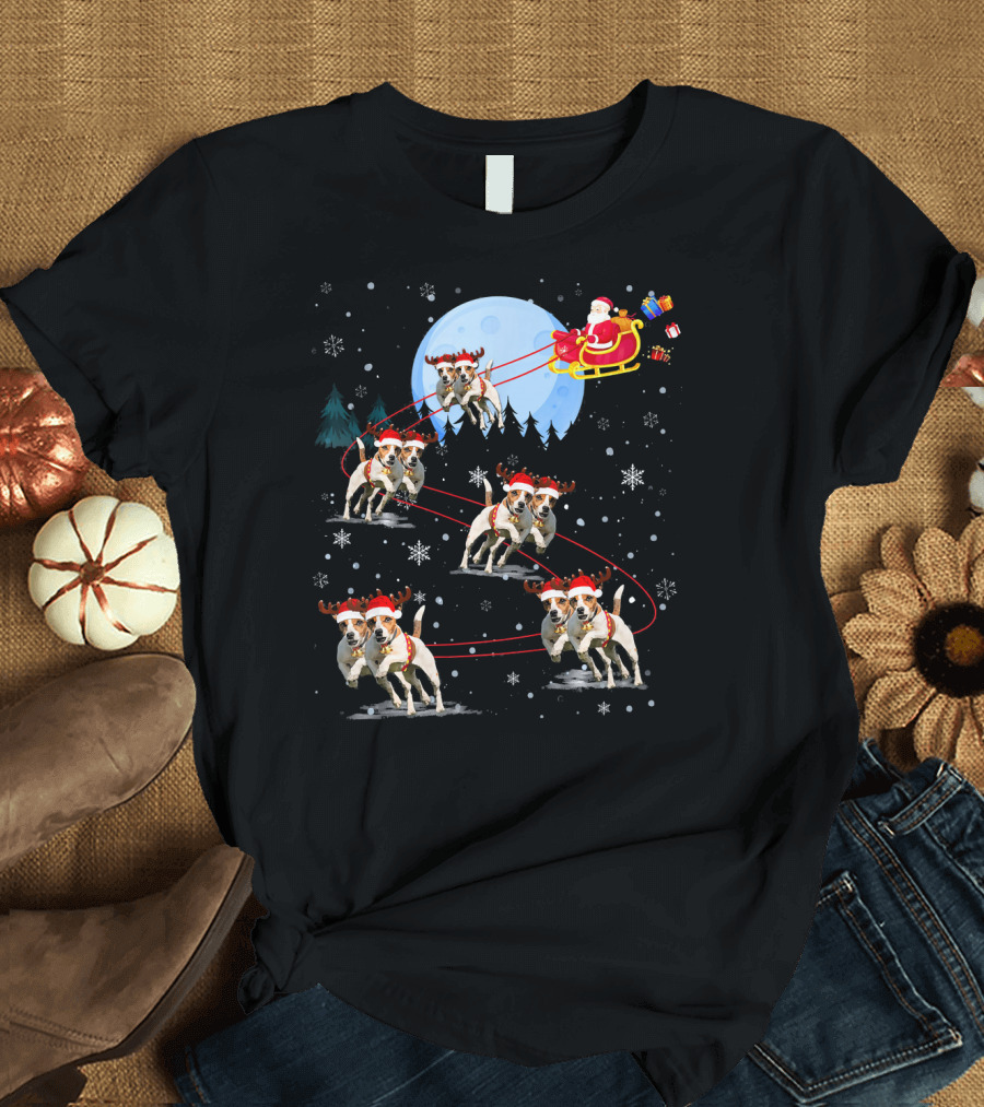 Jack Russell Santa Reindeer Under Moonlight Snowflakes T-Shirt