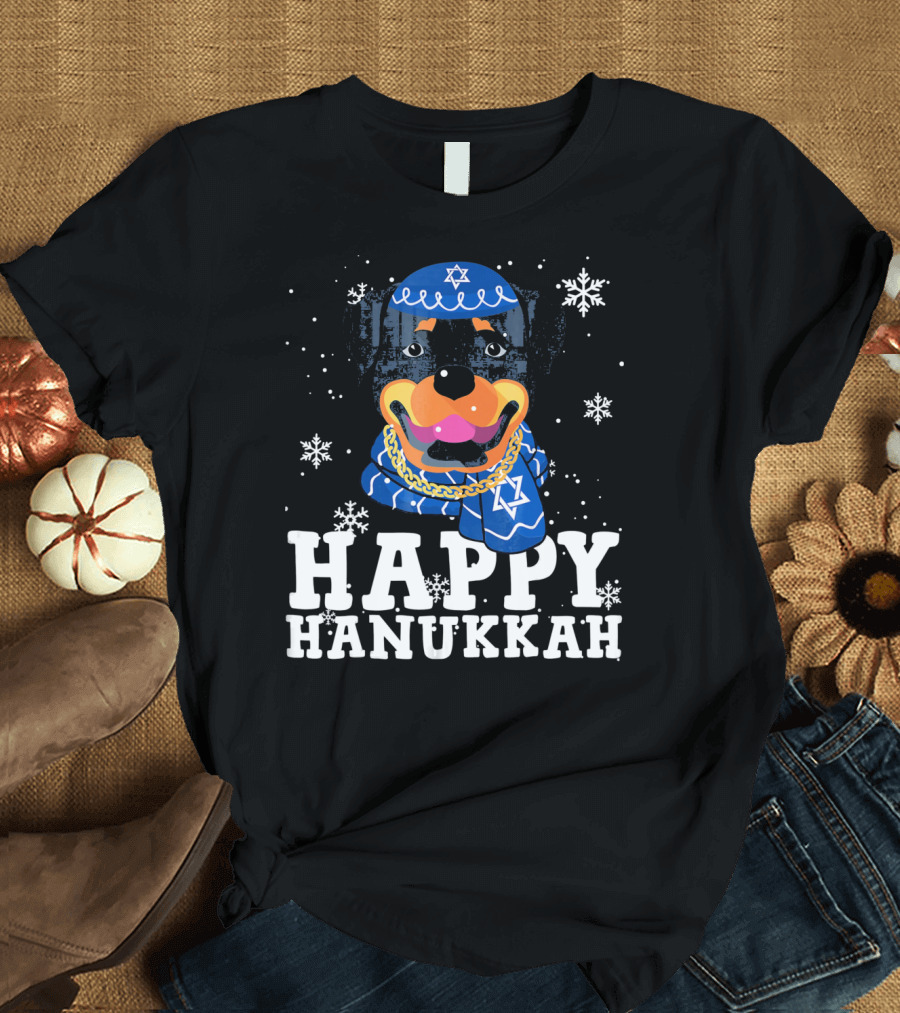 Happy Hanukkah Rottweiler Dog with Star of David and Snowflakes T-Shirt