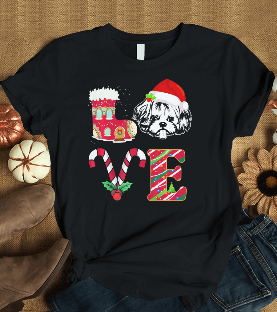 I Love My Shih Tzu Funny Christmas Shih with Santa Hat Candy Cane and Gingerbread House Boot T-Shirt