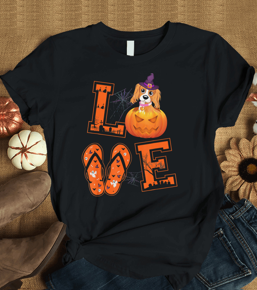 LOVE Cavalier King Charles Spaniel Halloween Pumpkin Witch Hat T-Shirt