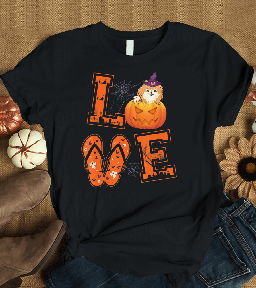 LOVE Halloween Pomeranian Pumpkin Ghosts and Witch Hat T-Shirt