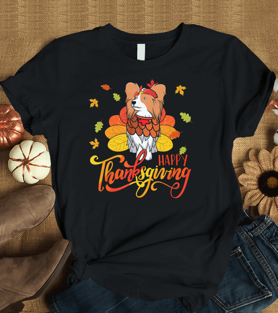 Happy Thanksgiving Papillon Leaves and Turkey Costume T-Shirt