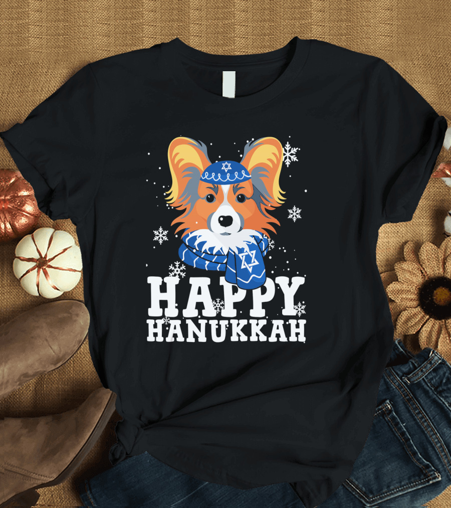 Happy Hanukkah Papillon Dog Snowflakes Star of David T-Shirt
