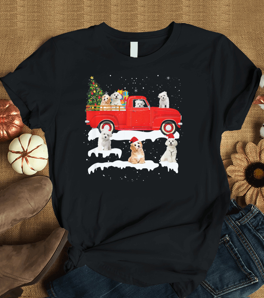 Maltese Dog Christmas in Red Truck with Santa Hats and Snowflakes T-Shirt
