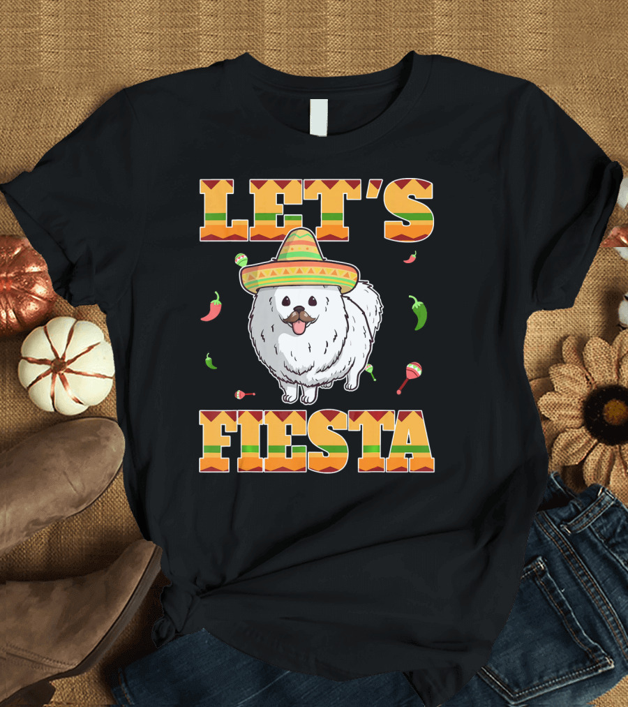 Let's Fiesta Pomeranian Dog Sombrero Peppers Maracas Cinco De Mayo T-Shirt