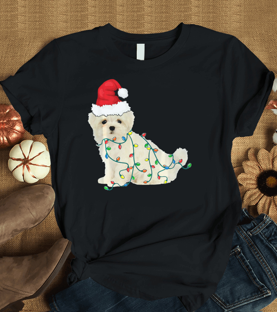 Maltese Dog Wrapped in Christmas Lights with Santa Hat T-Shirt