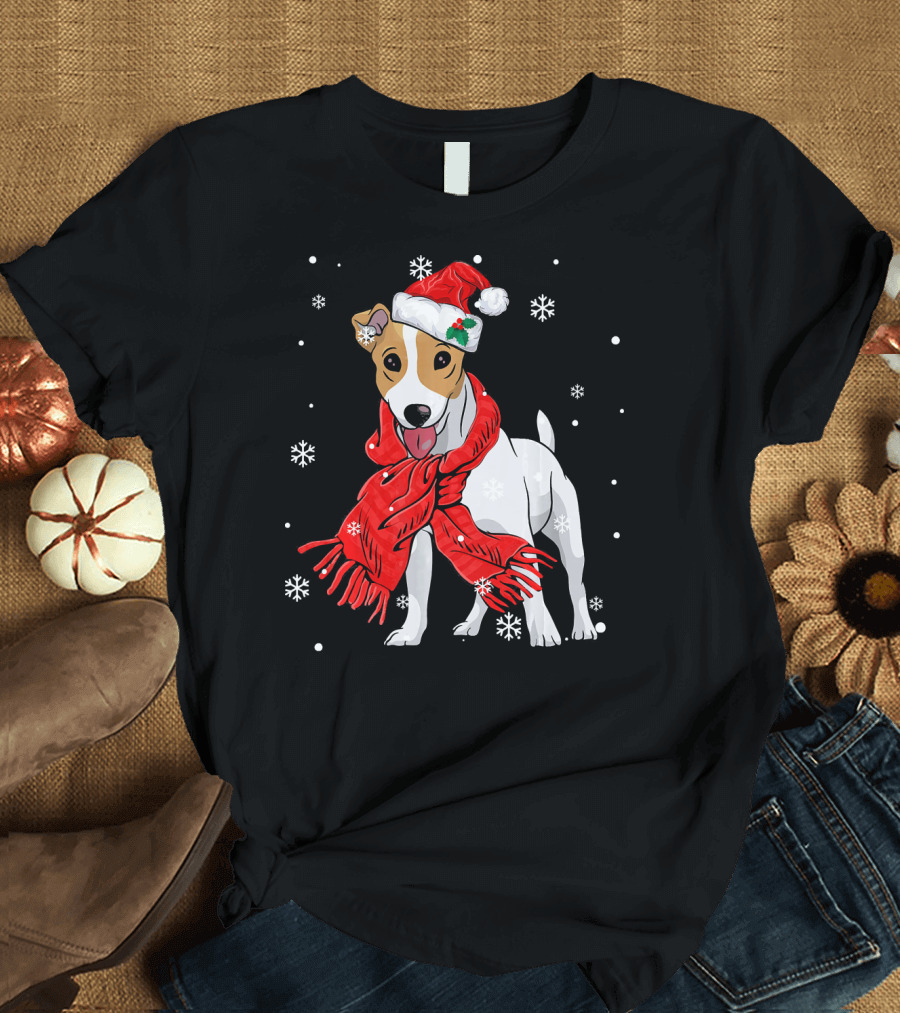 Jack Russell Terrier Festive Santa Hat Red Scarf Snowflakes T-Shirt