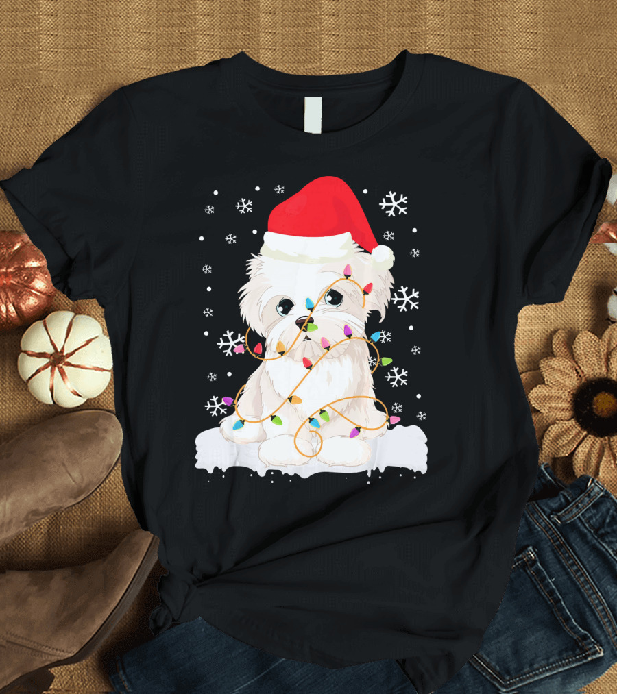 Maltese Dog with Christmas Lights and Santa Hat Surrounded by Snowflakes T-Shirt