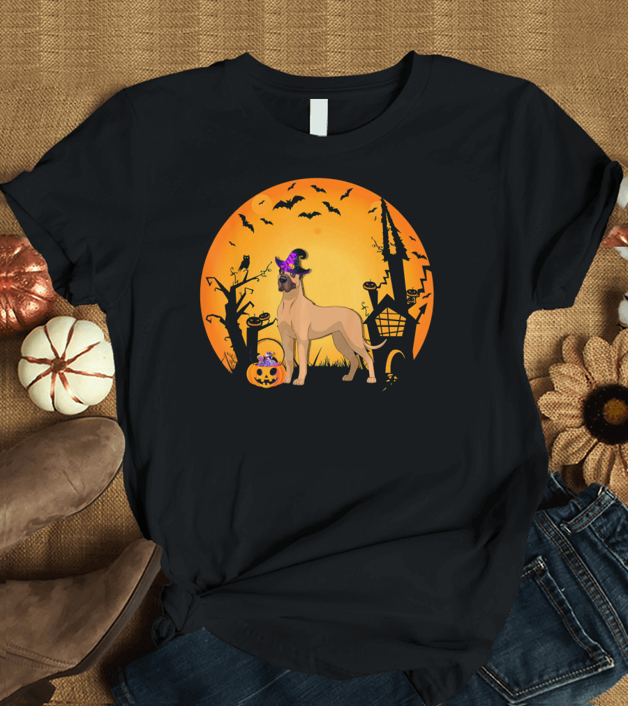 Halloween Great Dane Witch Hat Pumpkin Haunted House T-Shirt