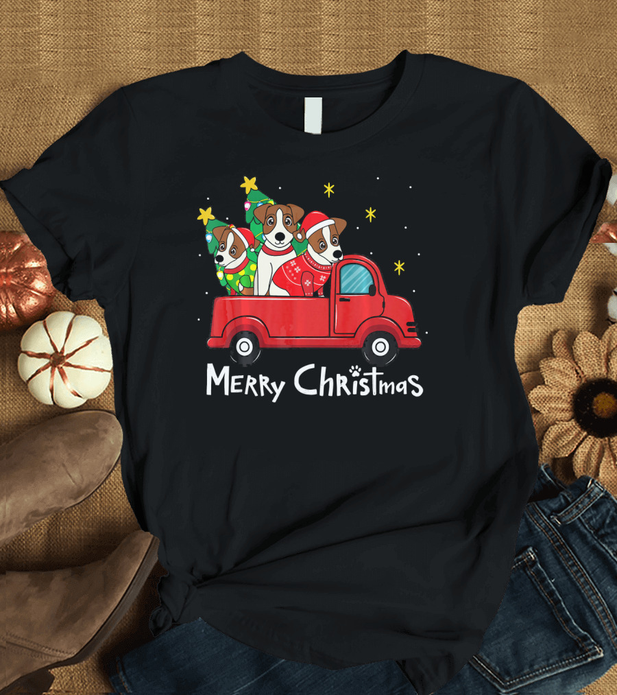 Merry Christmas Jack Russell Red Truck Tree T-Shirt
