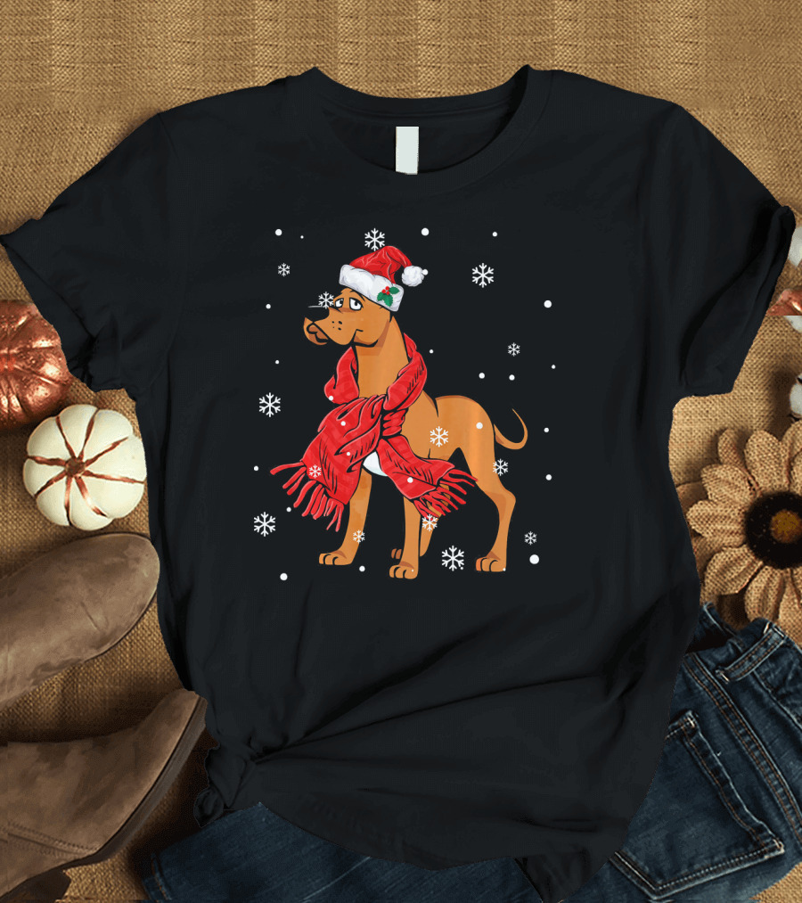 Great Dane Wearing Santa Hat and Red Scarf Surrounded by Snowflakes T-Shirt