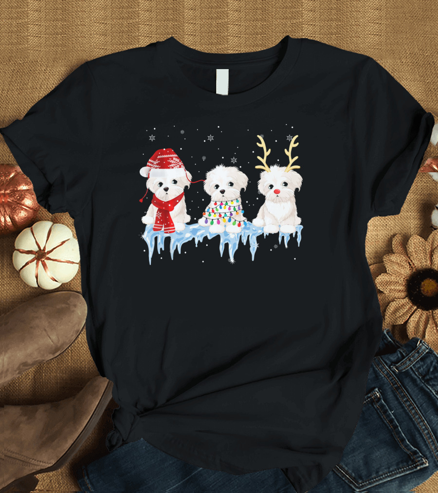 Maltese Dogs with Christmas Lights Reindeer Antlers and Santa Hat on Ice with Snowflakes T-Shirt