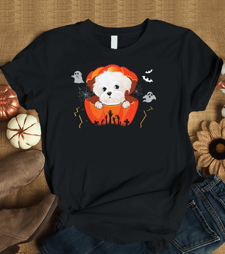 Maltese Dog in Pumpkin with Ghosts and Bats Halloween T-Shirt