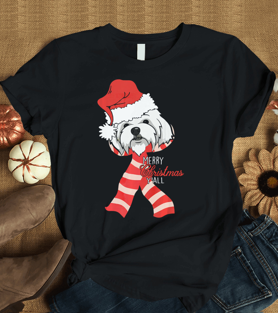 Maltese Dog in Santa Hat Merry Christmas Y'all T-Shirt