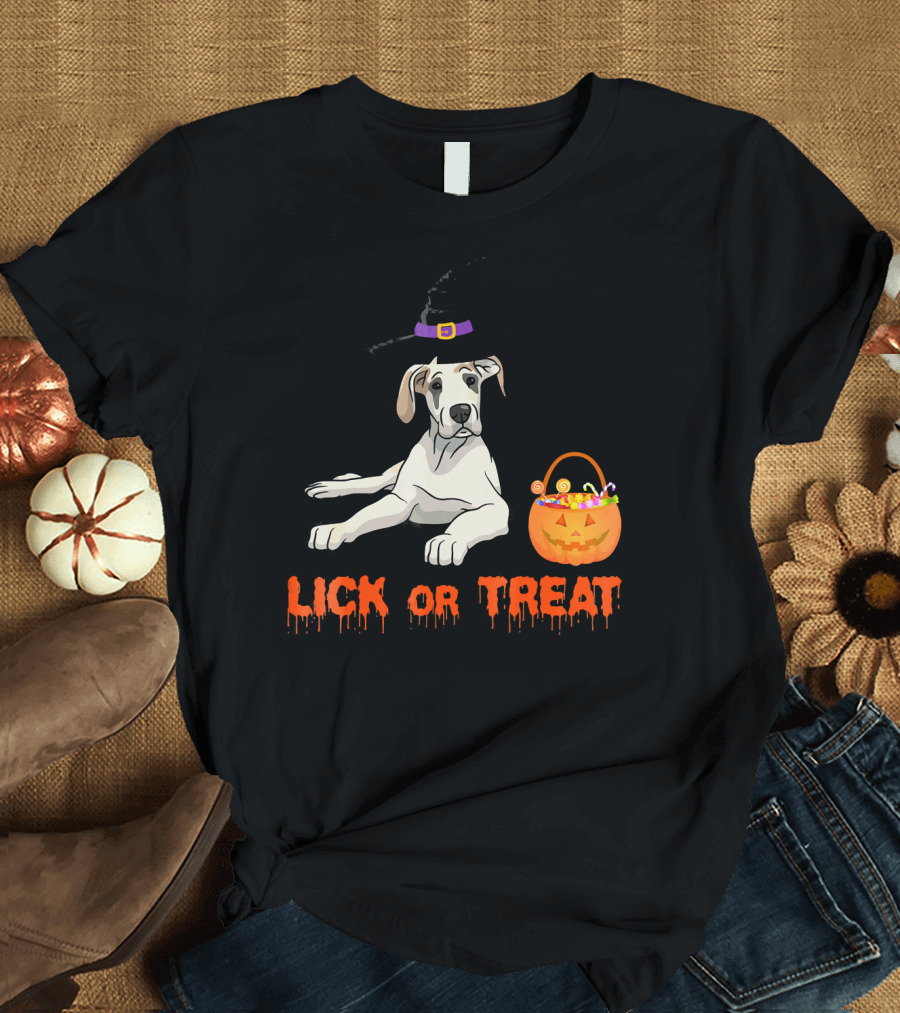 Lick Or Treat Dog Funny Halloween Design with Candy Bucket T-Shirt