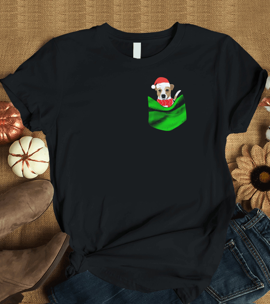 Jack Russell Christmas Dog in Green Pocket with Santa Hat T-Shirt