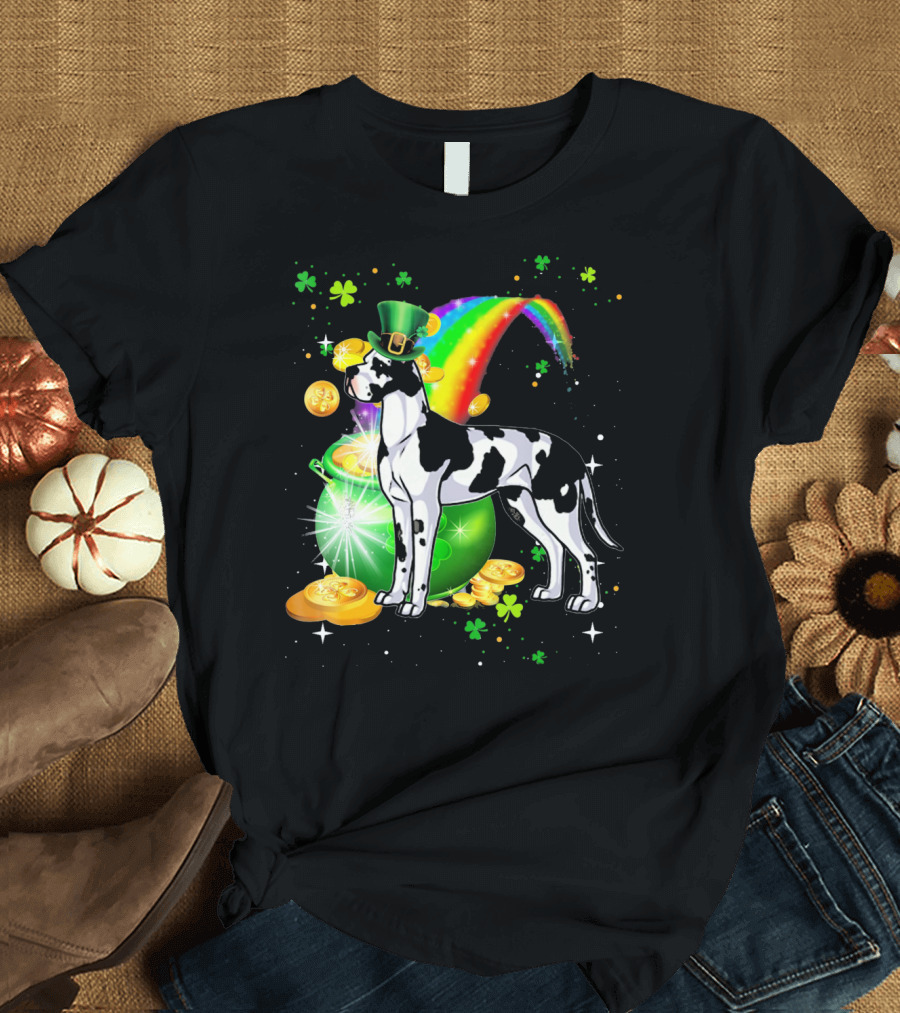 St Patricks Day Great Dane with Leprechaun Hat Rainbow and Pot of Gold T-Shirt