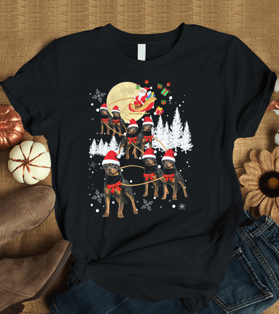 Rottweiler Santa Sleigh Christmas Moon Reindeer Snowflakes T-Shirt