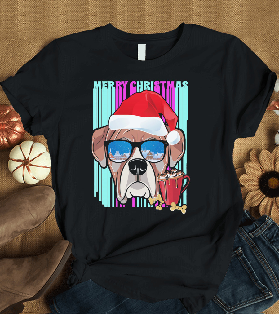 Merry Christmas Boxer Santa Hat and Hot Cocoa T-Shirt
