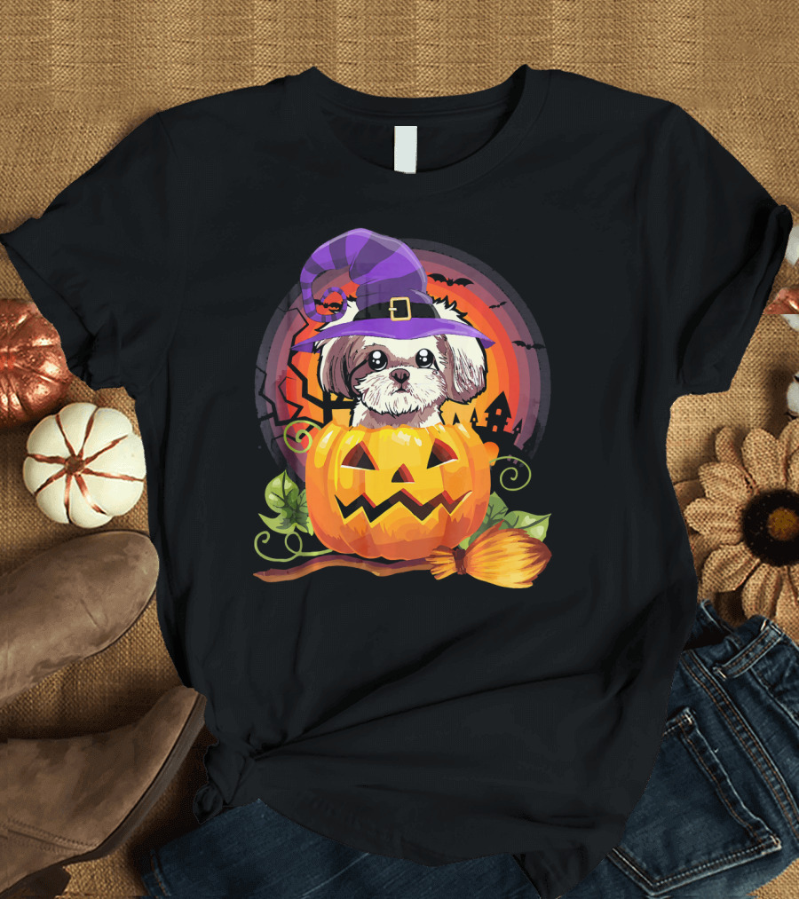 Shih Tzu Witch in Pumpkin with Broomstick Halloween Dog Scene T-Shirt