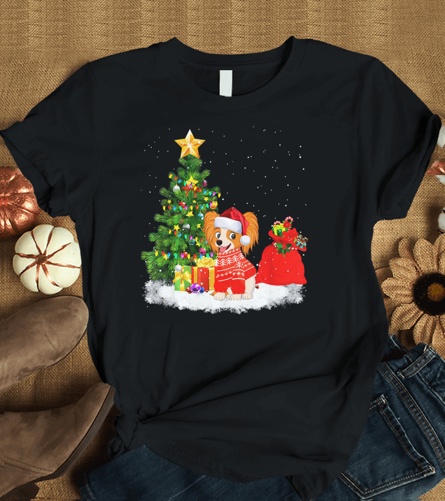 Papillon Dog Christmas Santa Hat and Presents by Tree T-Shirt