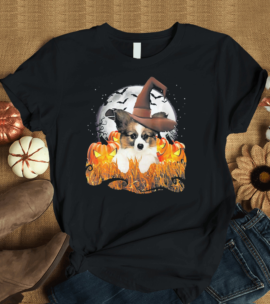 Papillon Halloween Cute Dog Witch With Pumpkins and Full Moon T-Shirt