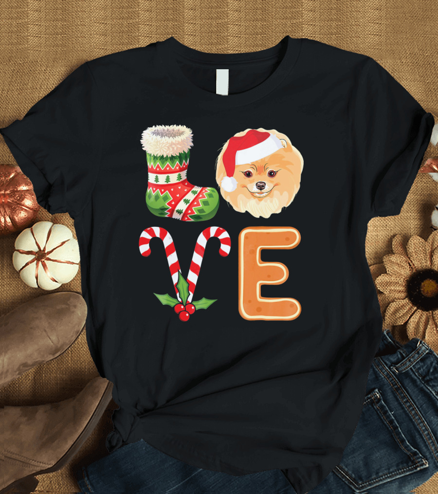 Pomeranian Lover Christmas Stocking Candy Cane Gingerbread Santa Hat T-Shirt