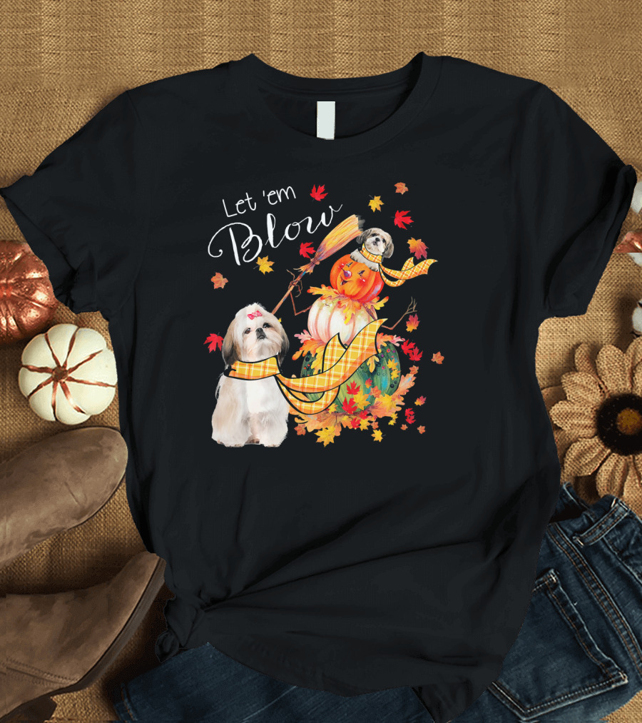 Tee89s Shih Tzu Let Em Blow Autumn Pumpkin Scarf Leaves T-Shirt