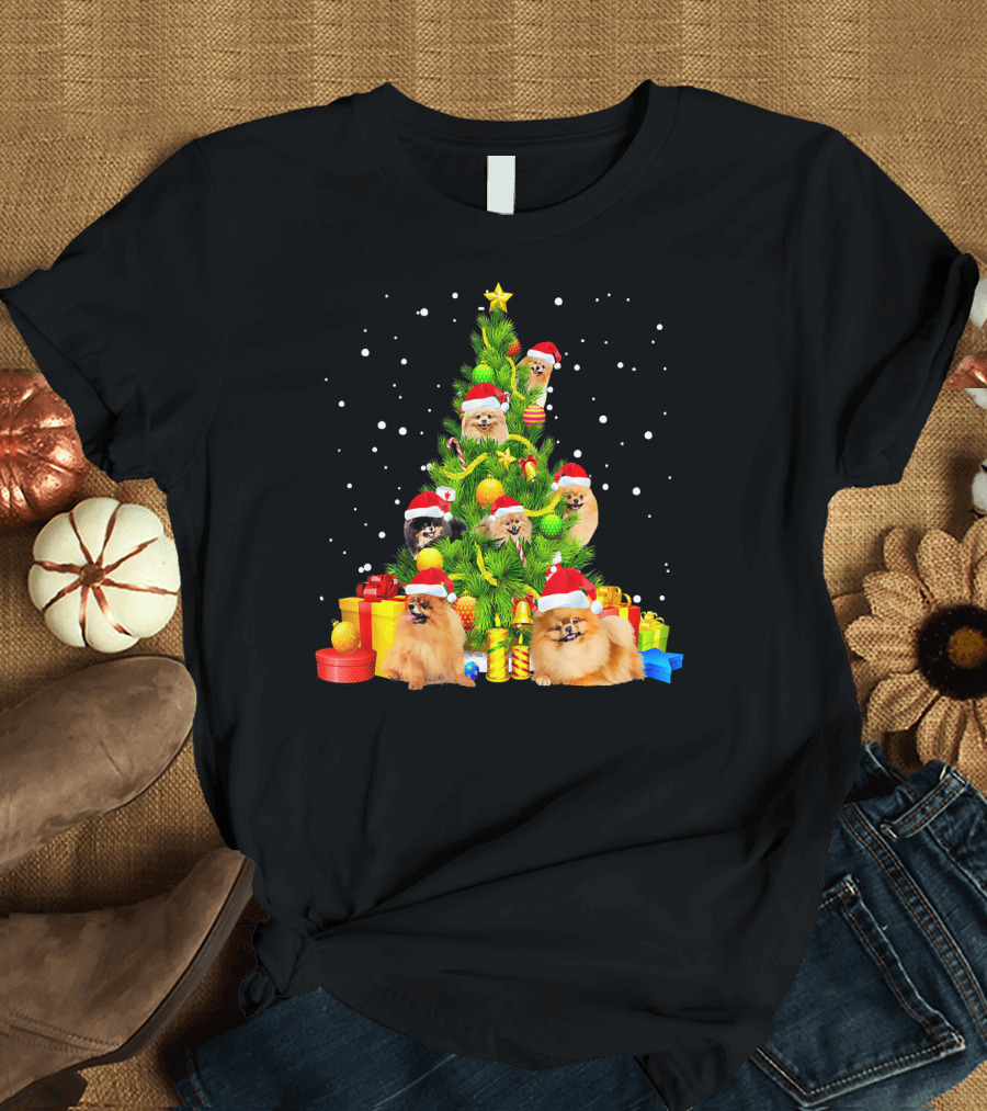 Pomeranian Puppies in Santa Hats as Christmas Tree with Presents T-Shirt