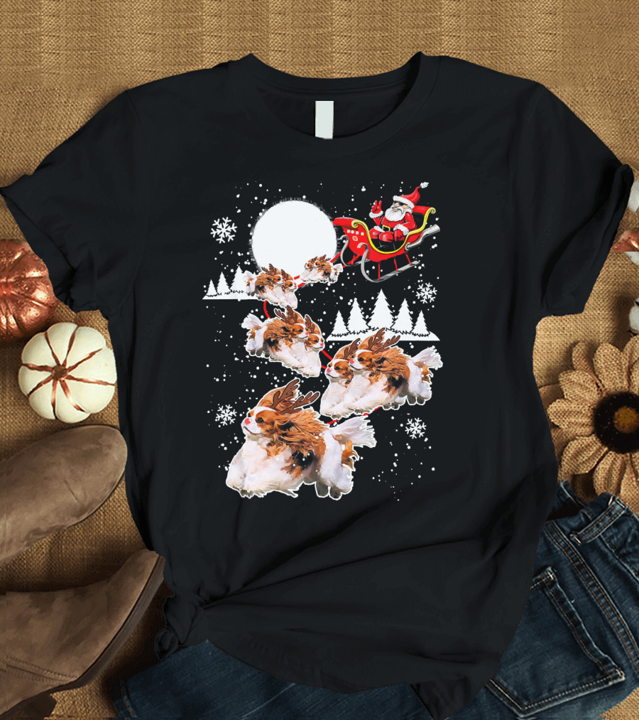 Santa Cavalier King Charles Spaniel Sleigh with Reindeer Dogs Snowflakes T-Shirt