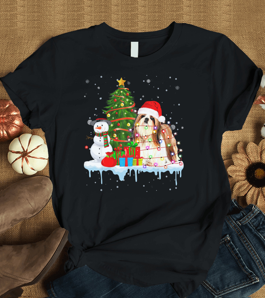Shih Tzu Dog Costume Santa Hat Christmas Tree Lights Snowman T-Shirt