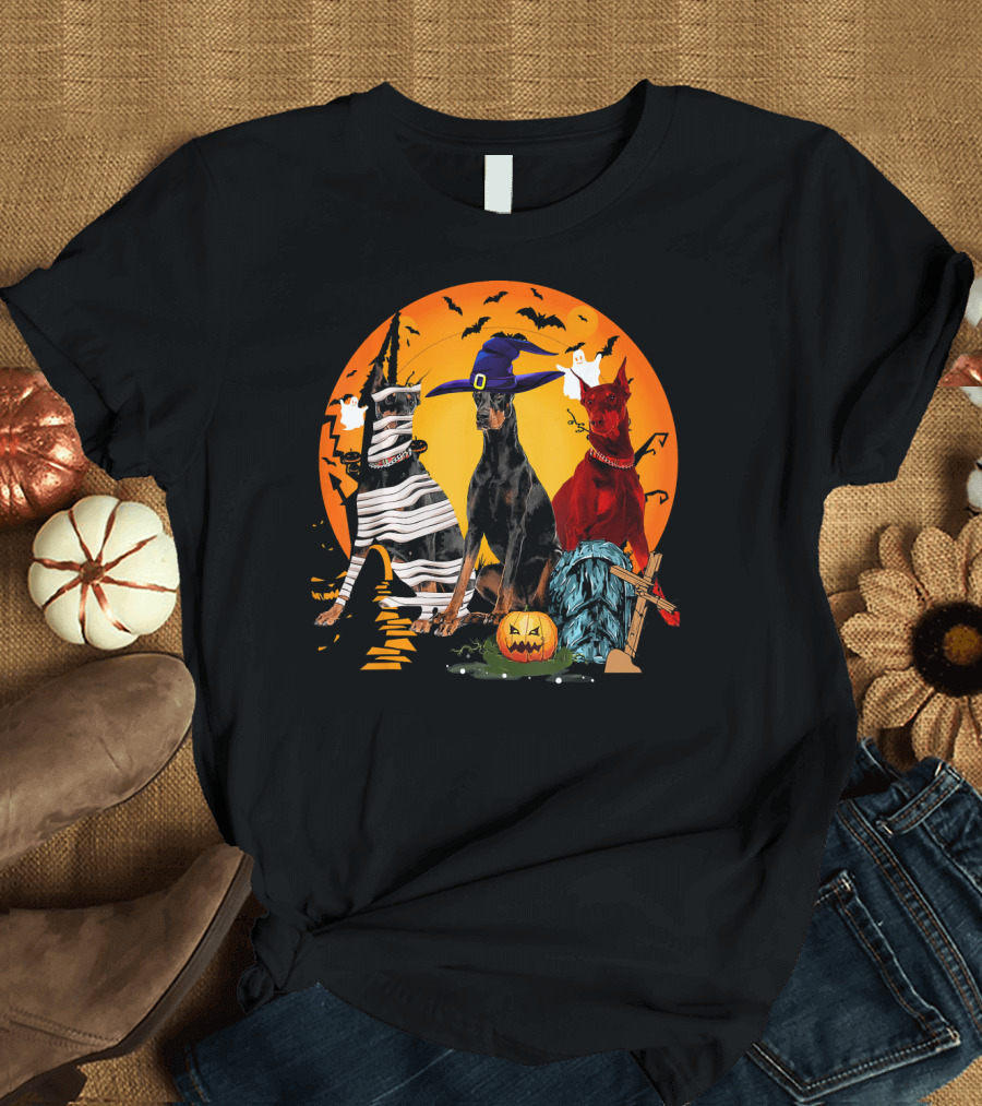 My Doberman Pinscher Team Boo Pumpkin Halloween Ghosts and Bats T-Shirt