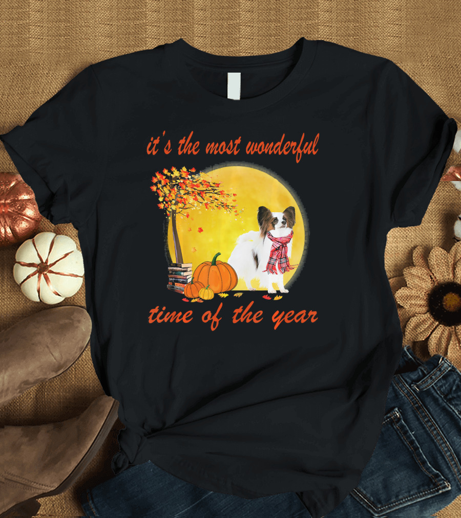 It's The Most Wonderful Time of the Year Papillon Dog Autumn Pumpkins Books T-Shirt