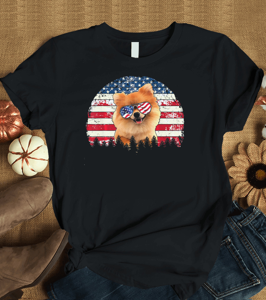 Pomeranian Dog with American Flag Sunglasses Patriotic 4th of July T-Shirt
