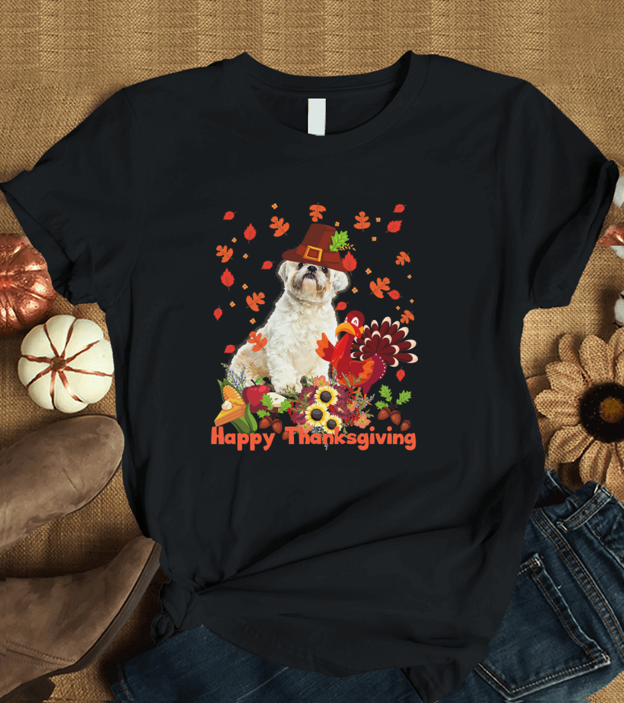 Shih Tzu Happy Thanksgiving Turkey Hat Leaves Cornucopia T-Shirt