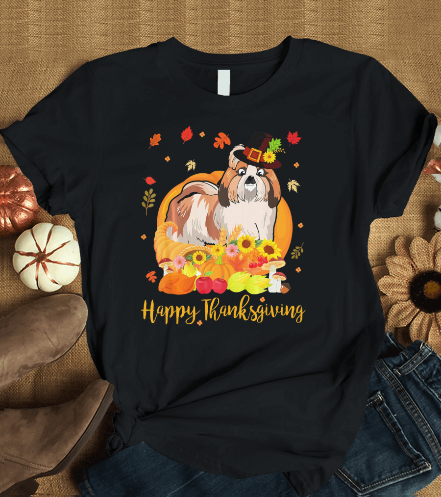 Happy Thanksgiving Shih Tzu Dog with Autumn Harvest Elements T-Shirt