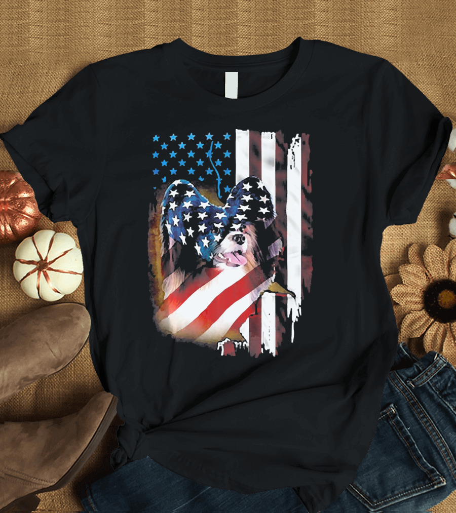Papillon Dog American Flag USA Patriotic T-Shirt