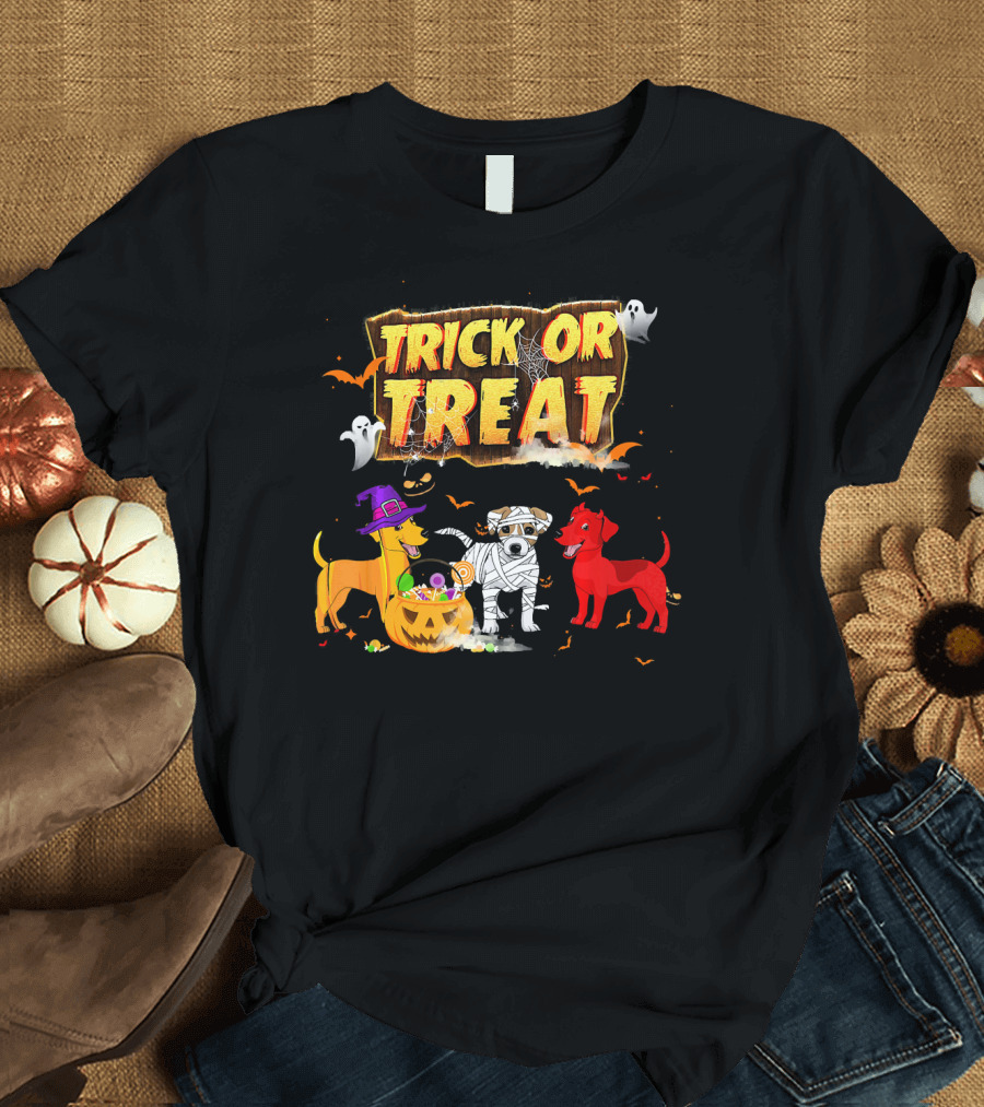 Trick or Treat Jack Russell Trio in Halloween Costumes with Candy Pumpkin T-Shirt