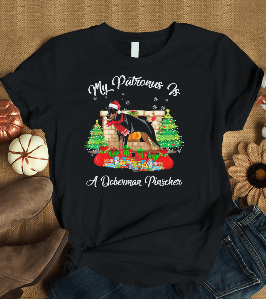 My Patronus Is A Doberman Pinscher Dog Christmas Santa Hat and Gifts T-Shirt